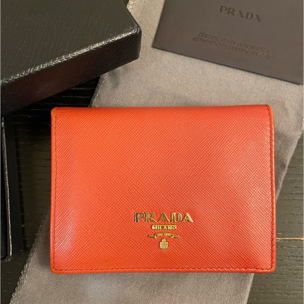 Authentic Prada Saffiano Leather Bi-Fold Wallet in Rame with box and card - Picture 1 of 11